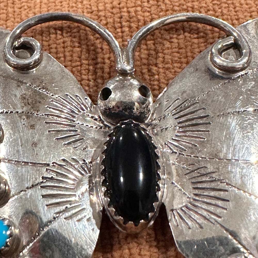 Vintage Sterling Silver Butterfly Pin Signed FY Navajo Turquoise Onyx YAZZIE - Picture 4 of 12